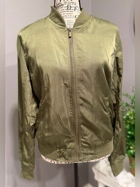 Blue Rain Olive Green Satin Bomber Jacket